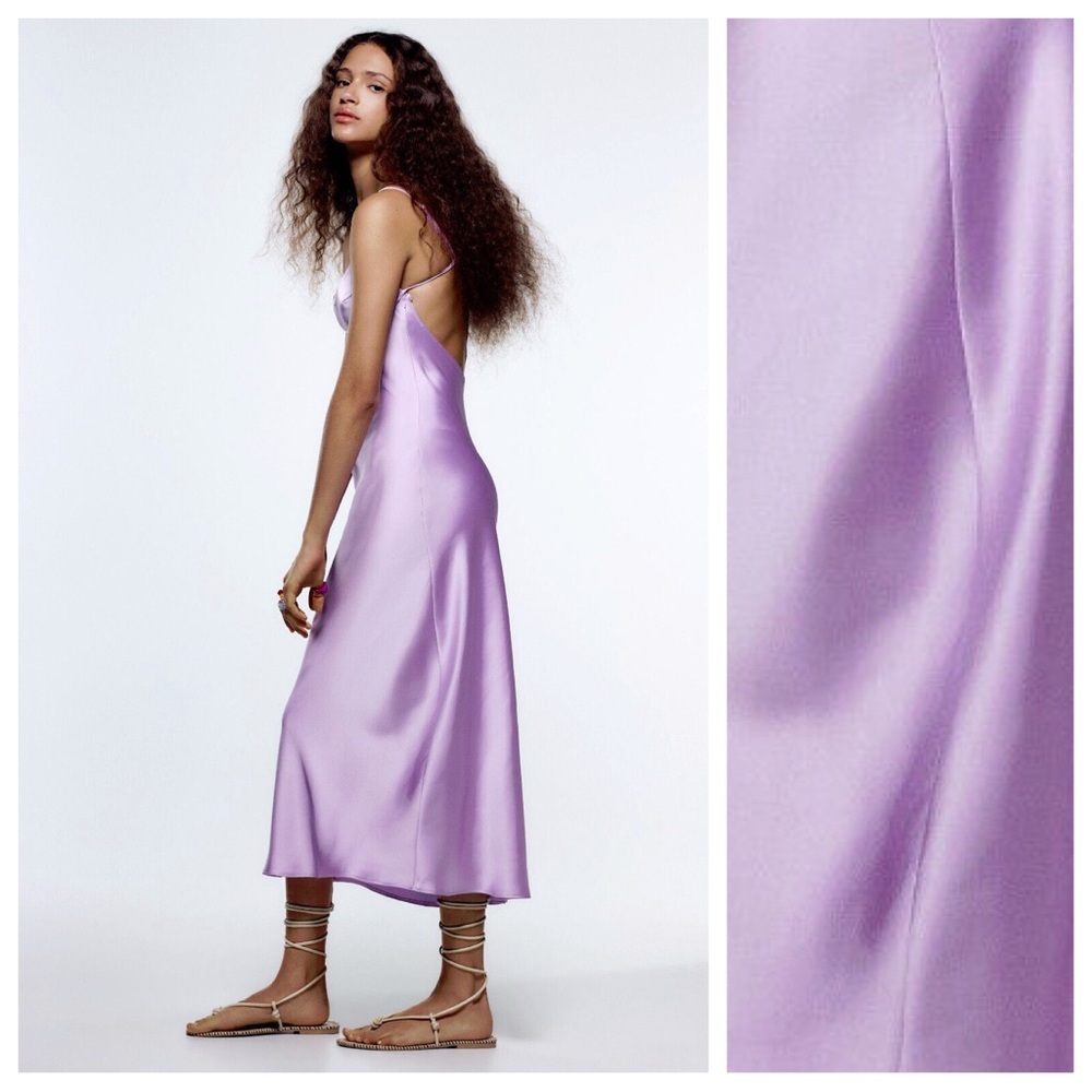 NWT. Zara Lilac Satin Effect Midi Dress. Size L. - Picture 3 of 9